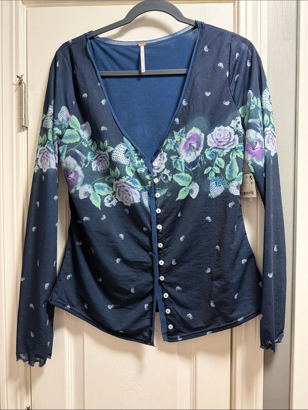 Free People Navy Floral Button-Down Cardigan Top